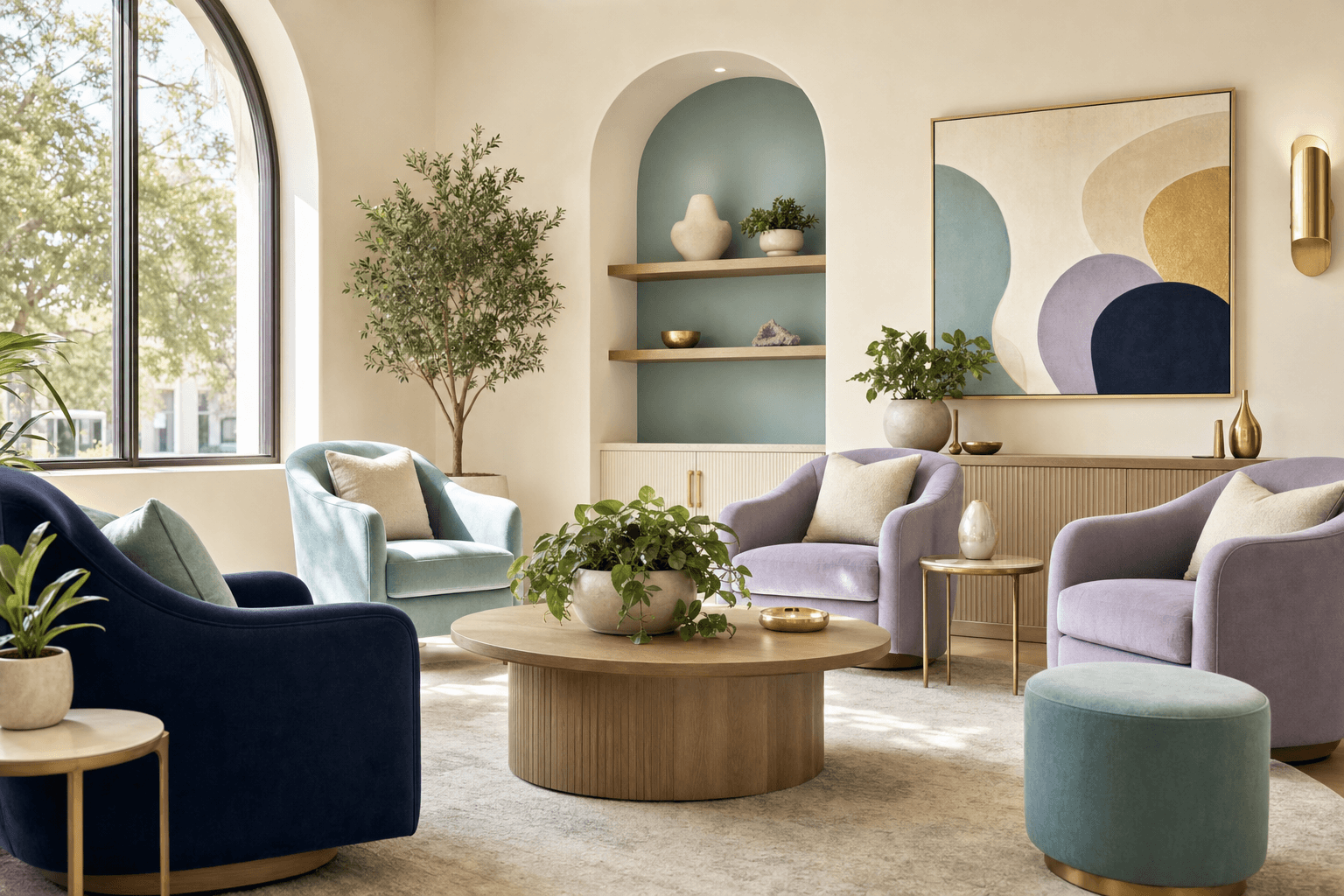 A warm, light-filled waiting room with soft sage and lavender furnishings